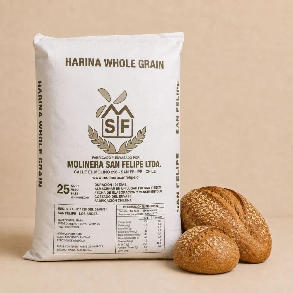 Saco de Harina Whole Grain Molinera San Felipe, fuerza alta para panes integrales premium y masas madre